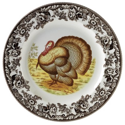 Spode Woodland Turkey Salad Plate - 8" Fine Earthenware, Made in England, Game Bird Design with British Flowers Border