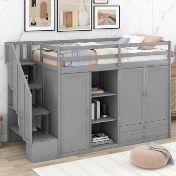 Functional Twin Loft Bed with 3 Shelves, 2 Wardrobes, 2 Drawers and Ladder with Storage Gray-ModernLuxe
