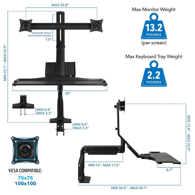 Mount-It! Height Adjustable Dual Monitor Sit Stand Desk Converter with Gas Spring Arm | 2 Integrated USB 3.0 Ports | C-Clamp and Grommet Base, 4 of 5