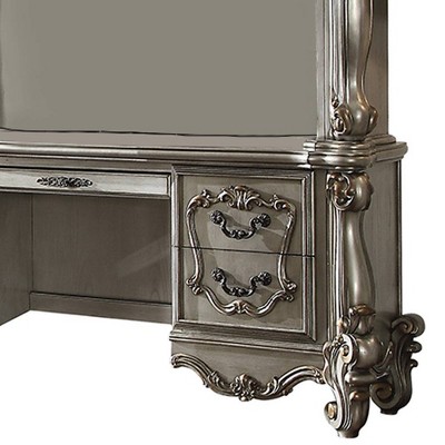 Elegant Antique White and Gray Wooden Desk with Hutch and Drawers