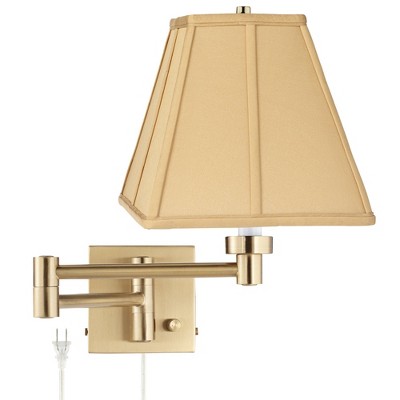 Barnes and Ivy Modern Swing Arm Wall Lamp Warm Antique Brass Plug-In Light Fixture Golden Tan Square Shade Bedroom Bedside Reading