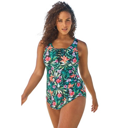 Swim 365 Women's Plus Size Sarong-Front Swimsuit, 26 - Oasis Floral