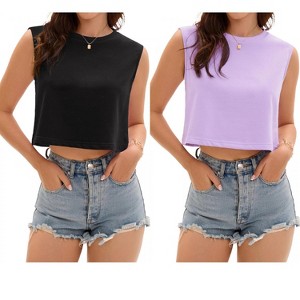ATHLECHIC Women's Casual Loose Crewneck Sleeveless Crop Tank Top 2 Packs - 1 of 4