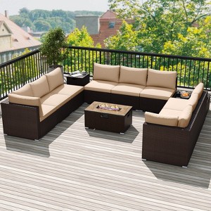 Costway 12 PCS Patio Wicker Sectional Sofa Set with 32” Propane Fire Pit Table Tank Holder Black/Brown/Navy - 1 of 4