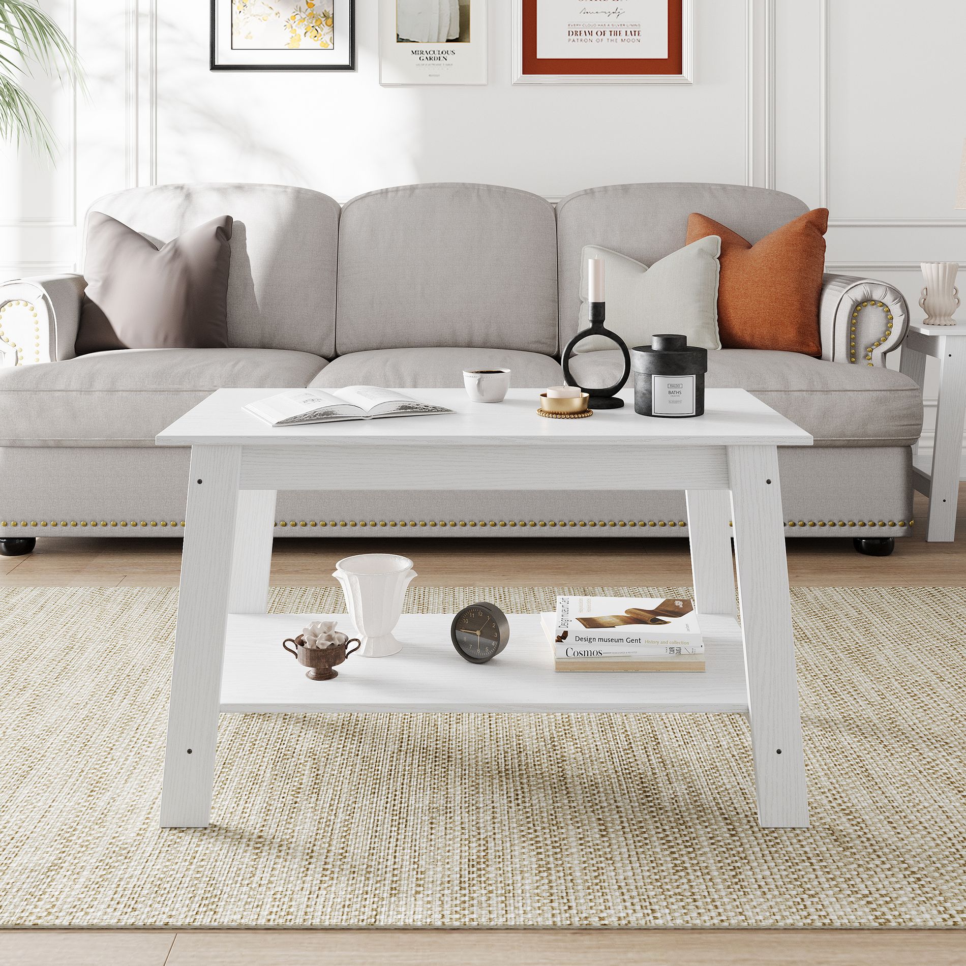 31.49” Rustic Coffee Table - 2-Tier Modern Farmhouse Side Table for Living Room, Home, Office & Outdoor, White