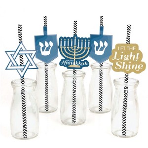 Big Dot of Happiness Happy Hanukkah Paper Straw Decor - Hanukkah Party Striped Decorative Straws - Set of 24 - 1 of 4
