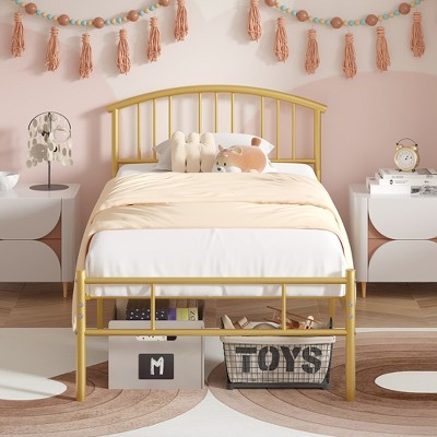 VECELO Queen/Full/Twin Bed Frame with Arched Headboard, Metal Platform Bed Frame with Underbed Storage Space, Black/White/Gold