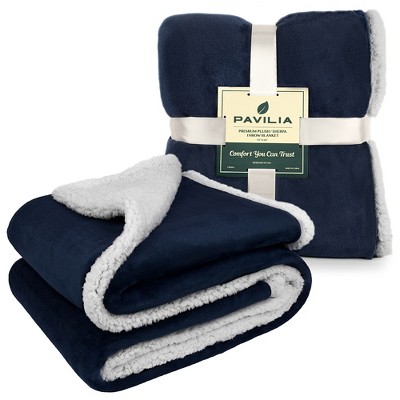 Navy Blue Sherpa Fleece Reversible Throw Blanket