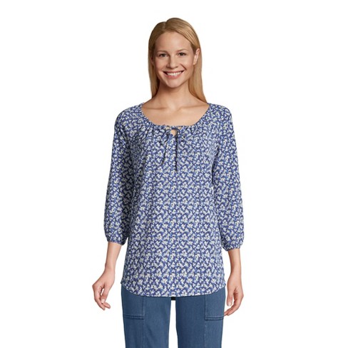 Lands' End Women's 3/4 Sleeve Peasant Tunic - Medium - Deep Sea Navy Shadow  Flower : Target