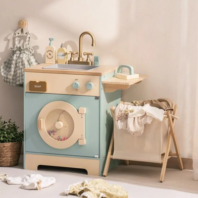 ROBOTIME Kitchen Washer Playset with Clothes Basket, Iron and Sink, Blue, 20"*11.8"*22"