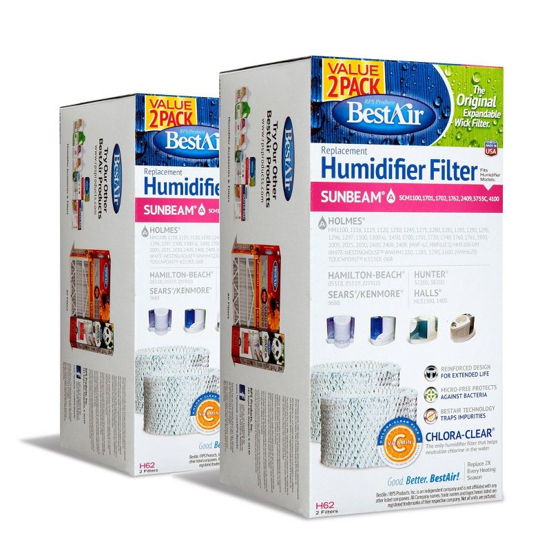 BestAir H62 Value 2pk Extended Life Humidifier Replacement Paper Wick Filter Holmes Humidifiers, 1 of 6