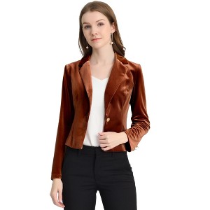 INSPIRE CHIC Women's 1 Button Lapel Collar Business Office Crop Suit Velvet Blazer - 1 of 4
