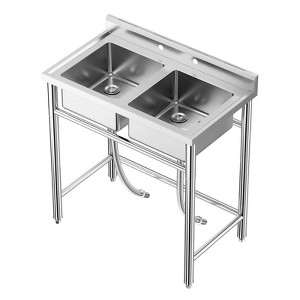 Commercial Utility Sink, Stainless Steel Sink - Dual Basin Freestanding 2-Compartment Sink with Undershelf for Kitchen, Laundry & Workshop - 1 of 4