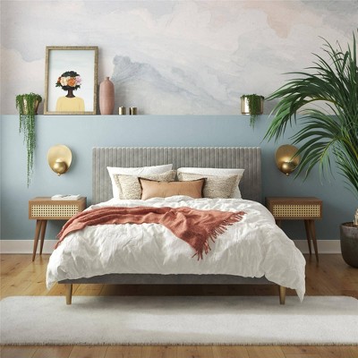 Daphne Light Gray Velvet Upholstered Bed with Brass Toned Legs