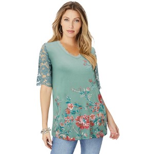 Roaman's Plus Size Lace Sleeve Printed Tee - 1 of 4