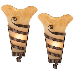 Franklin Iron Works Solara Farmhouse Rustic Wall Light Sconces Set of 2 Rust Hardwire 10" Fixture Iron Ribbon Scavo Art Glass for Bedroom Bathroom - 1 of 4
