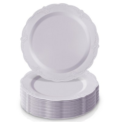 Silver Spoons Elegant Disposable Plastic Plates for Party, Heavy Duty Disposable White Salad Plates (20 PC) - Vintage Collection