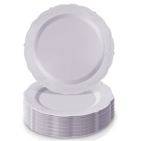 7.5 White Disposable Plastic Plates, Salad Dessert Plate, Heavy Duty  Reusable Plates, Plastic Dinnerware 10 Pack Silver Hammered Rim 