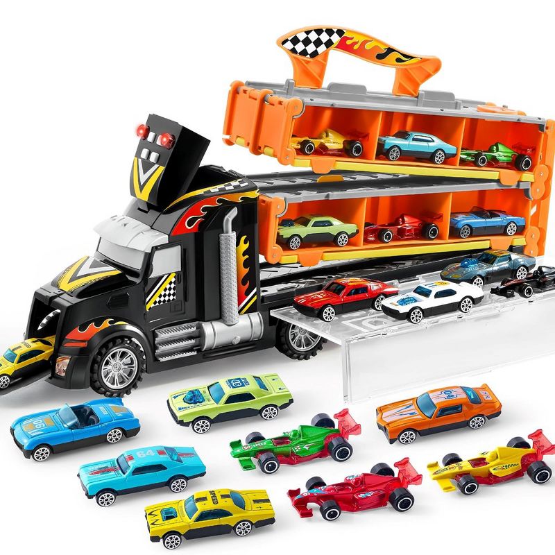 Syncfun Carrier Truck Toys for Kids,5-FT Race Track and 12 Die-Cast Metal Toy Cars, Racing Car Truck Toy Gift for Boys and Girls, 1 of 8