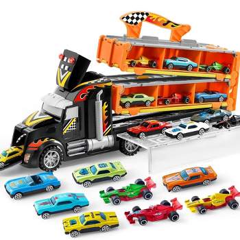 Syncfun Carrier Truck Toys for Kids,5-FT Race Track and 12 Die-Cast Metal Toy Cars, Racing Car Truck Toy Gift for Boys and Girls