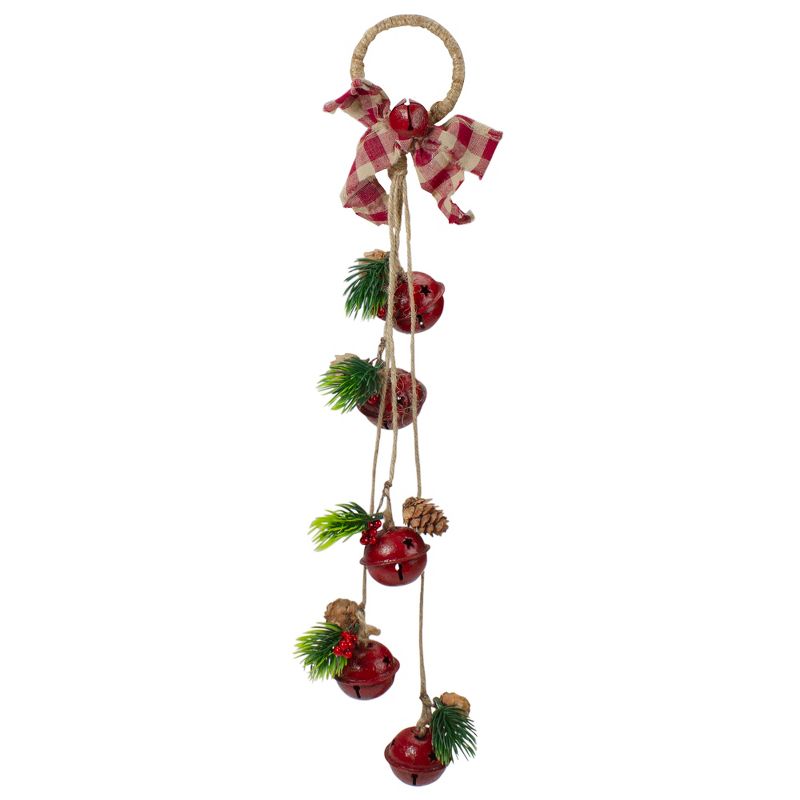 Northlight 15" Pine and Red Jingle Bell Christmas Door Hanger with Plaid Bow, 1 of 5