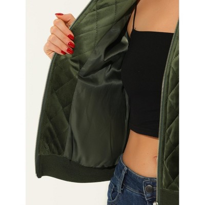 INSPIRE CHIC Women's Zip Up Long Sleeve Velvet Surface Diamond Quilted Bomber Jackets Green X-Large — фото 3