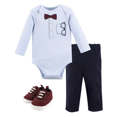 Little Treasure Baby Boy Cotton Bodysuit, Pant and Shoe 3pc Set, Glasses