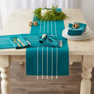 Teal and Off-White Cotton Stripe Tassel Placemats, Set of 4