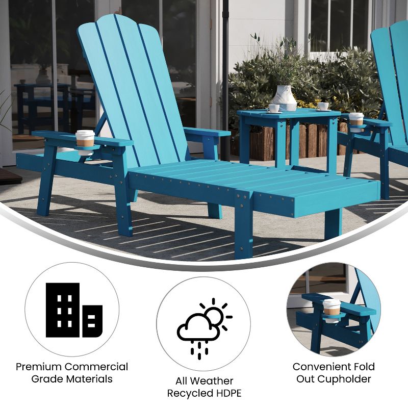 Flash Furniture Sonora Commercial Grade 3 Piece Indoor/Outdoor Adirondack Set with 2 Adjustable HDPE Loungers with Cup Holders and 2-Tier Side Table, 5 of 12
