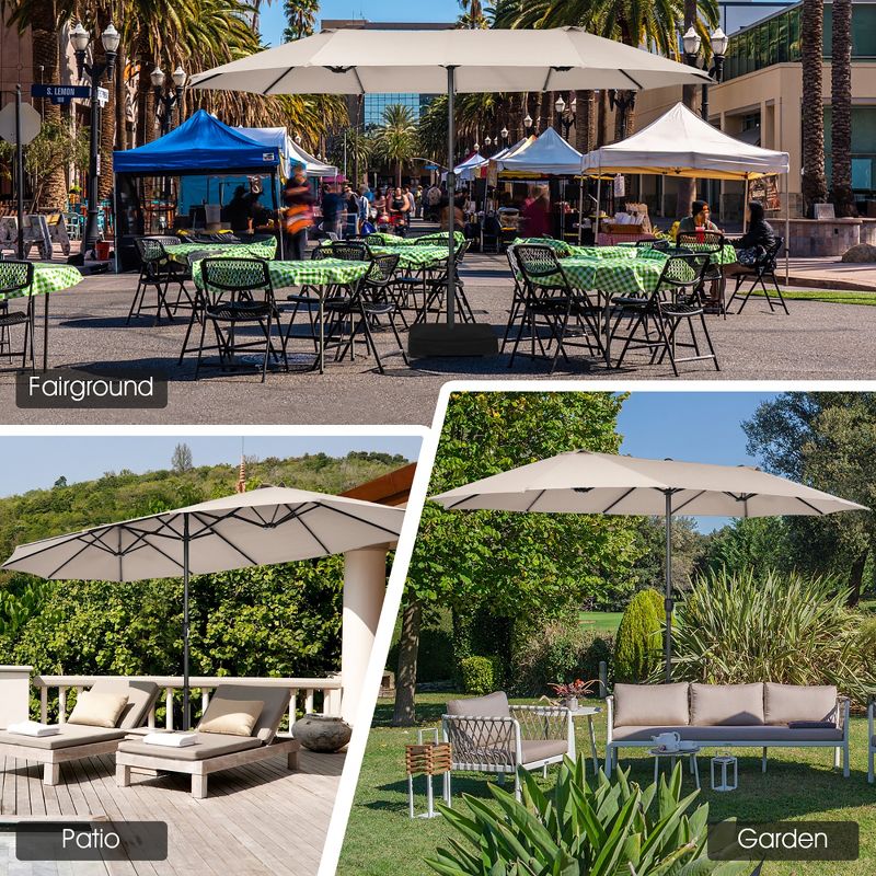 15FT Double-Sided Twin Patio Umbrella Sun Shade Outdoor Crank Market Base Beige/Coffee/Grey/Orange/Navy/Turquoise/Wine, 4 of 10