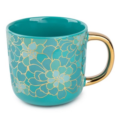LunaLulinlk 16 fl oz Teal Succulent Ceramic Coffee Mug