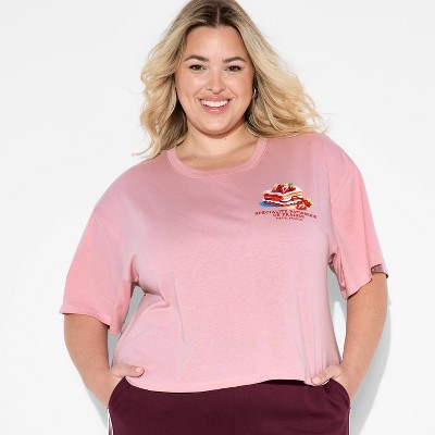 Women's Strawberry Dessert Boxy Cropped Short Sleeve Graphic T-Shirt - Rose Pink