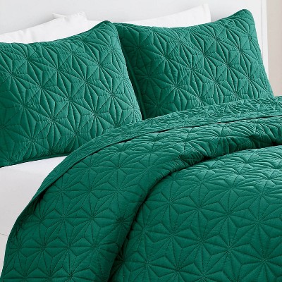 Green King Microfiber Reversible Geometric Quilt Set
