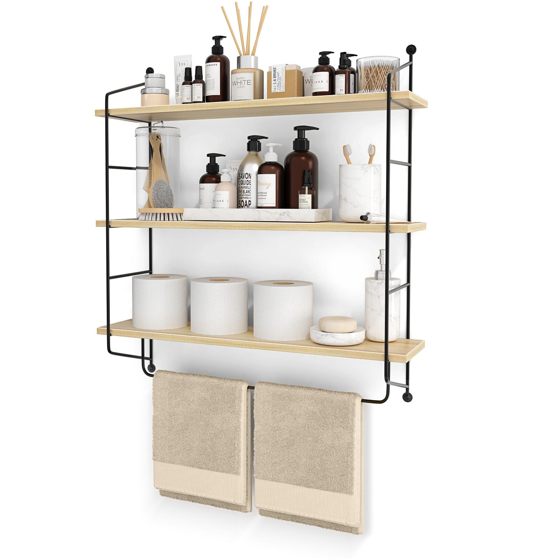 Sorbus 3-Tier Wooden Floating Shelves with Metal Brackets - Storage for Towels, Over the Toilet, Bathroom Accessories & More