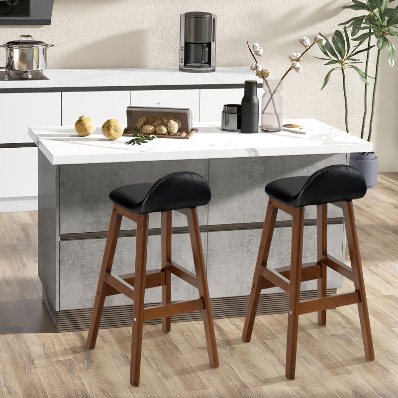 Tangkula Set of 4 Upholstered PU Leather Barstools 27.5" Wooden Dining Chairs Black & Brown, 4 of 11
