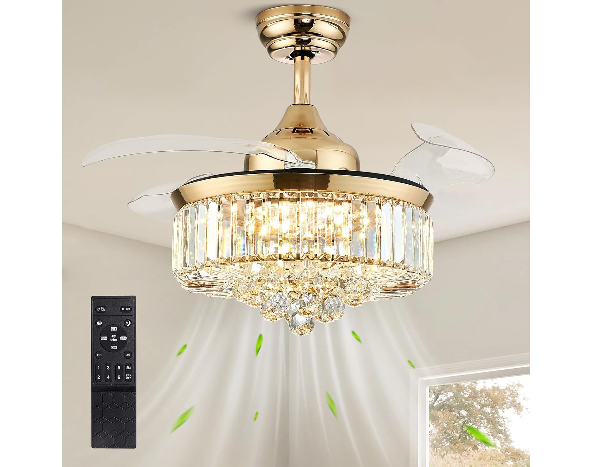 Ludomide Modern Crystal Ceiling Fan Light, Dimmable Gold Retractable Fandelier for Bedroom Living Room 36"