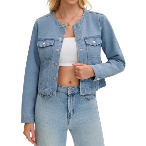 INSPIRE CHIC Women's Crew Neck Western Long Sleeve Chest Pockets Denim Cropped Jean Jackets - 1 of 4