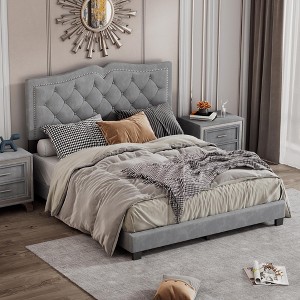 KTMBDW Platform Bed Frame with Tufted Upholstered Headboard and Rivet Design, Wooden Slats Support, No Box Spring Needed - 1 of 4