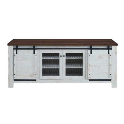 Bennington Rustic White Sliding Door TV Stand with Cabinet