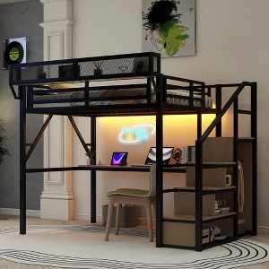 TIRAMISUBEST Queen Loft Bed with Bulit-in Desk and Charging Station, Full Size Metal Loft Bedframe with Storage Staircase and LED Light for Kids Teens - 1 of 4