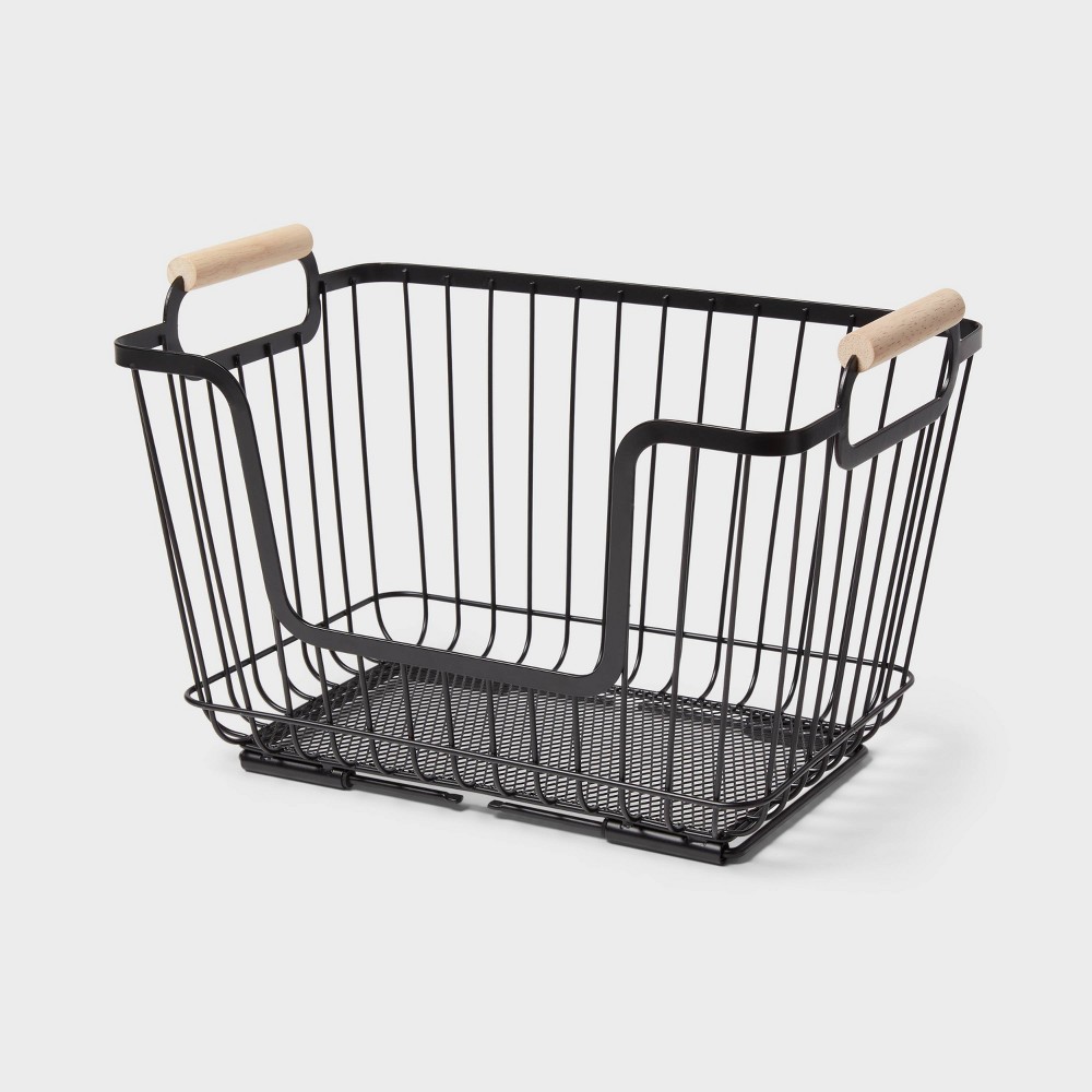 Metal Stackable Wire Pantry Basket with Rubber Wood Handle Black - Brightroomâ„¢