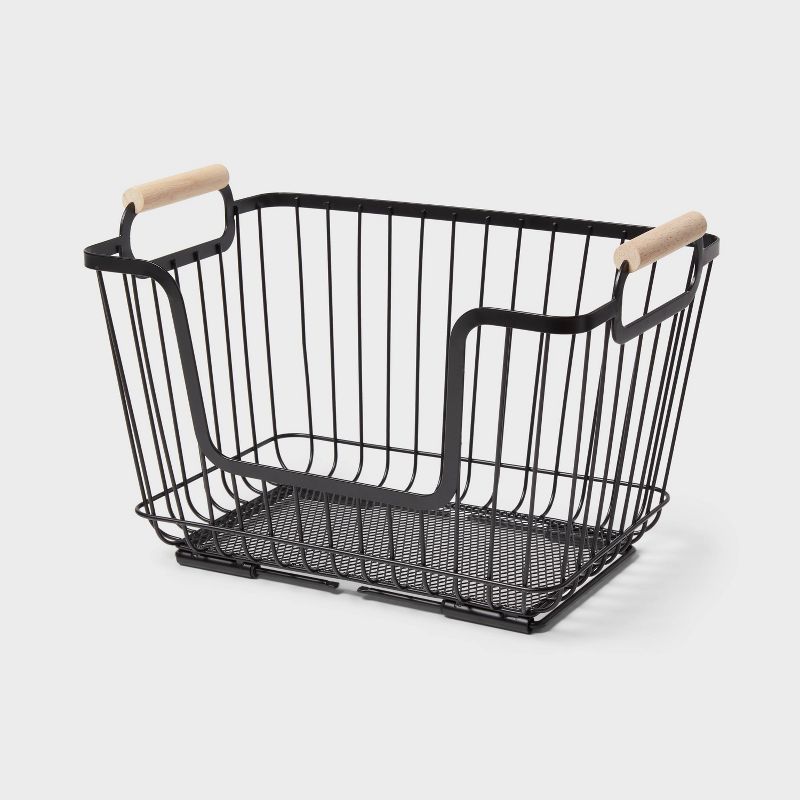 Metal Stackable Wire Pantry Basket with Rubber Wood Handle Black - Brightroom&#8482;, 1 of 6