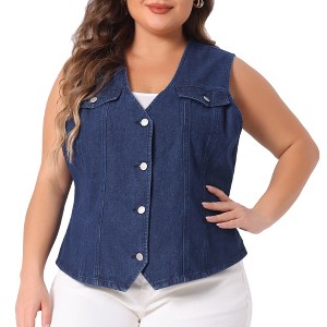 Agnes Orinda Women's Plus Size V Neck Button Down Sleeveless Utility Jean Denim Vests - 1 of 4