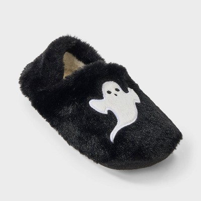 Women's Ghost Embroidered Halloween Faux Fur Slipper Socks with Grippers - Hyde and EEK Boutique™ Black/White