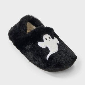 Women's Ghost Embroidered Halloween Faux Fur Slipper Socks with Grippers - Hyde and EEK Boutique™ Black/White - 1 of 4
