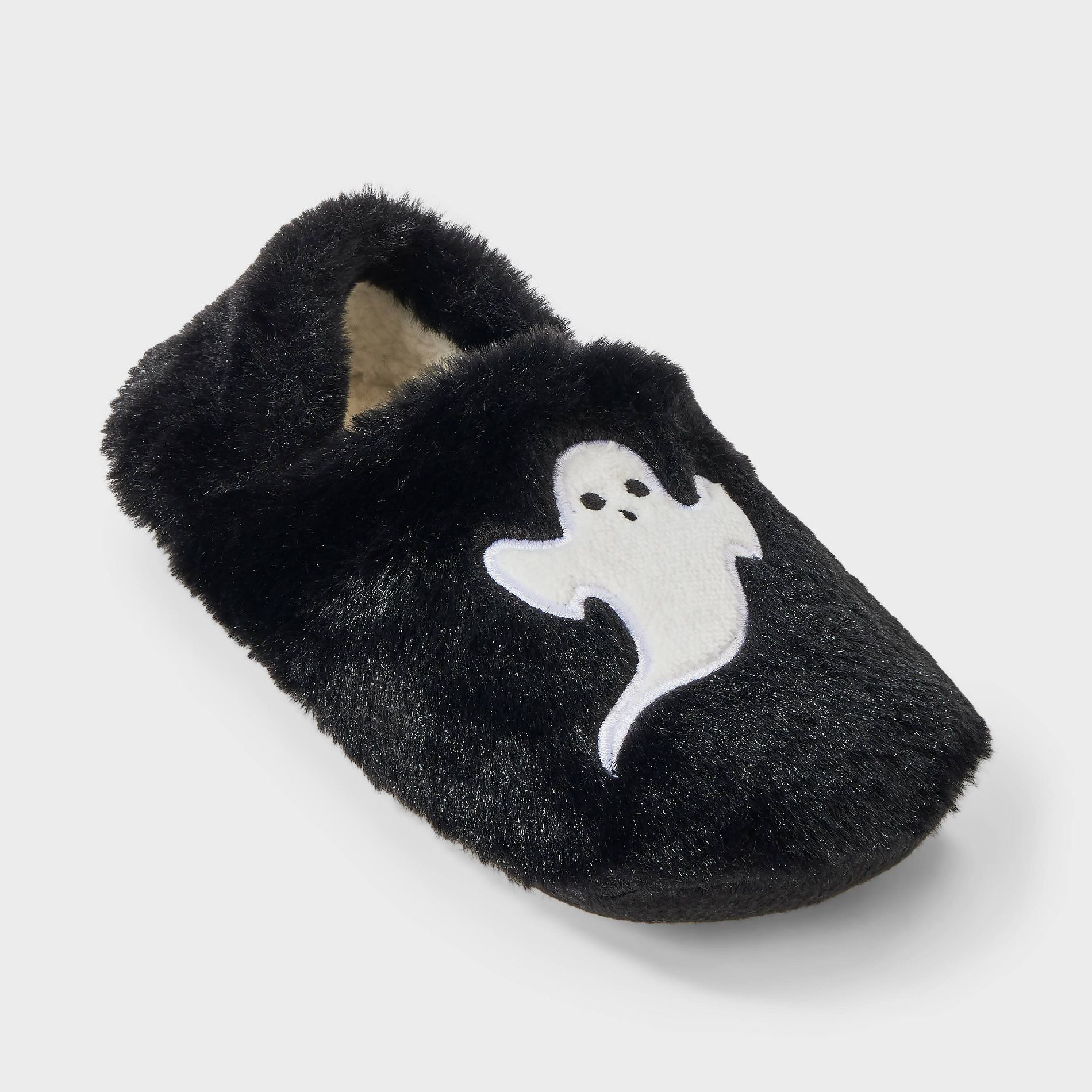 Women's Ghost Embroidered Halloween Faux Fur Slipper Socks with Grippers - Hyde and EEK Boutique™ Black/White