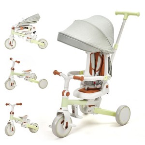7-in-1 Foldable Baby Tricycle w/ Parent Handle, Safety Harness & Canopy ¨C Adjustable for Ages 1-6, Balance Bike & Stroller Modes - 1 of 4