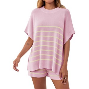 Imily Bela Women's Striped 2 Piece Outfits Oversized Batwing Short Sleeve Tops High Waisted Shorts Summer Knit Lounge Short Sets - 1 of 4