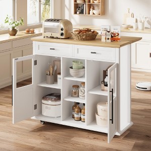 41" Kitchen Island with Drop Leaf, Rolling Island with 2 Glass Door Cabinets, 3 Open Shelves & 2 Drawers - 1 of 4