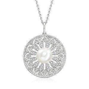 Ross-Simons 8-8.5mm Cultured Pearl and .10 ct. t.w. Diamond Circle Pendant Necklace in Sterling Silver Size 18 - 1 of 4
